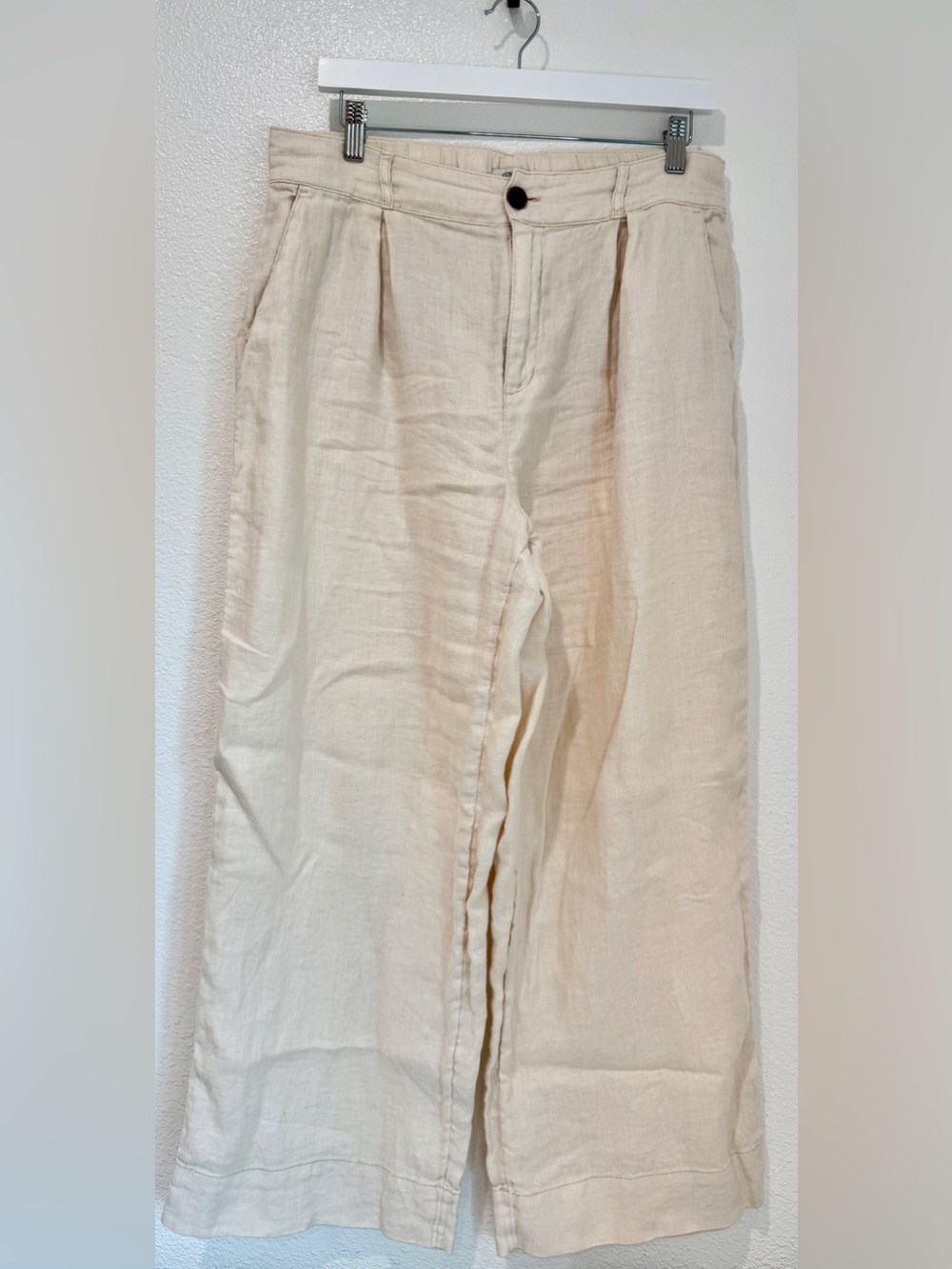 Joie Linen Herringbone Wide Leg Cream High Waisted Linen Trousers Quiet Luxury L